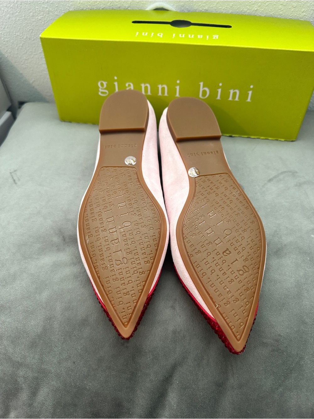 Gianni Bini Blush Pink Suede Flats with Red Crystal Pointed Toe - Picture 4 of 5
